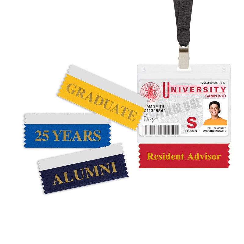 Custom Name Badge Stack Ribbons - Stock - Printed School Supplies | Campus Marketing Specialists